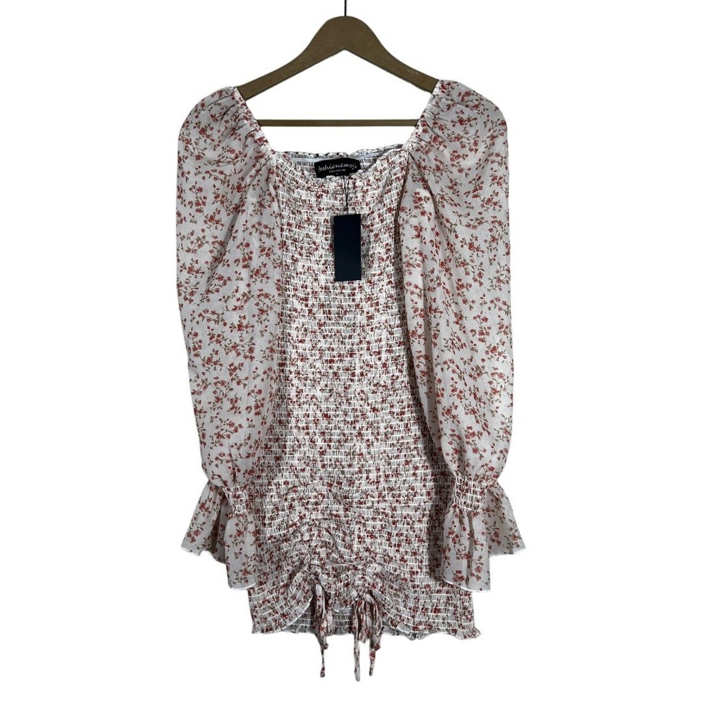 NWT Fashionemoji Smocked Floral Mini Dress White Red Cottagecore Ruched Size L